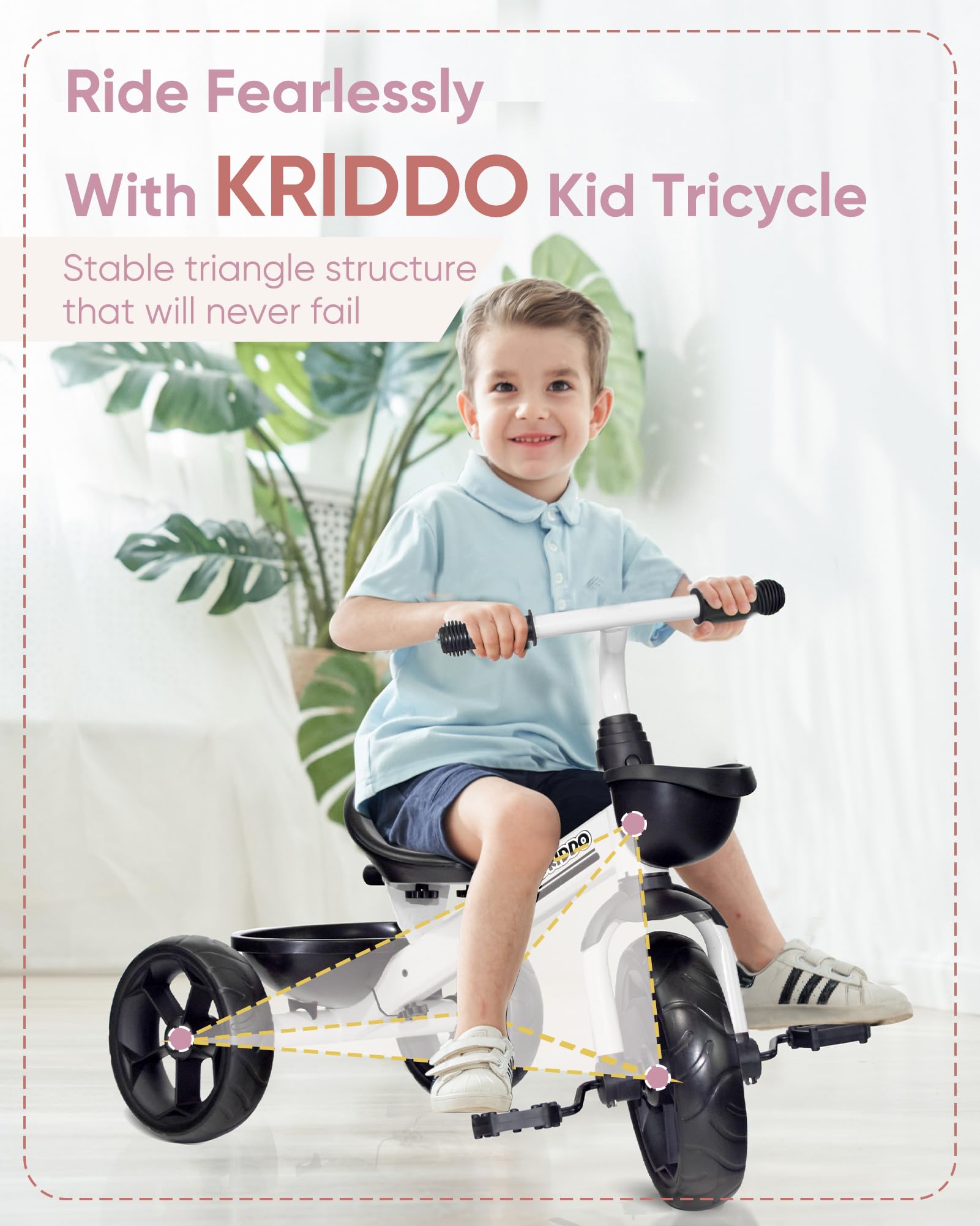 KRIDDO Kids Tricycle rear-wheel extension improves stability during early riding.