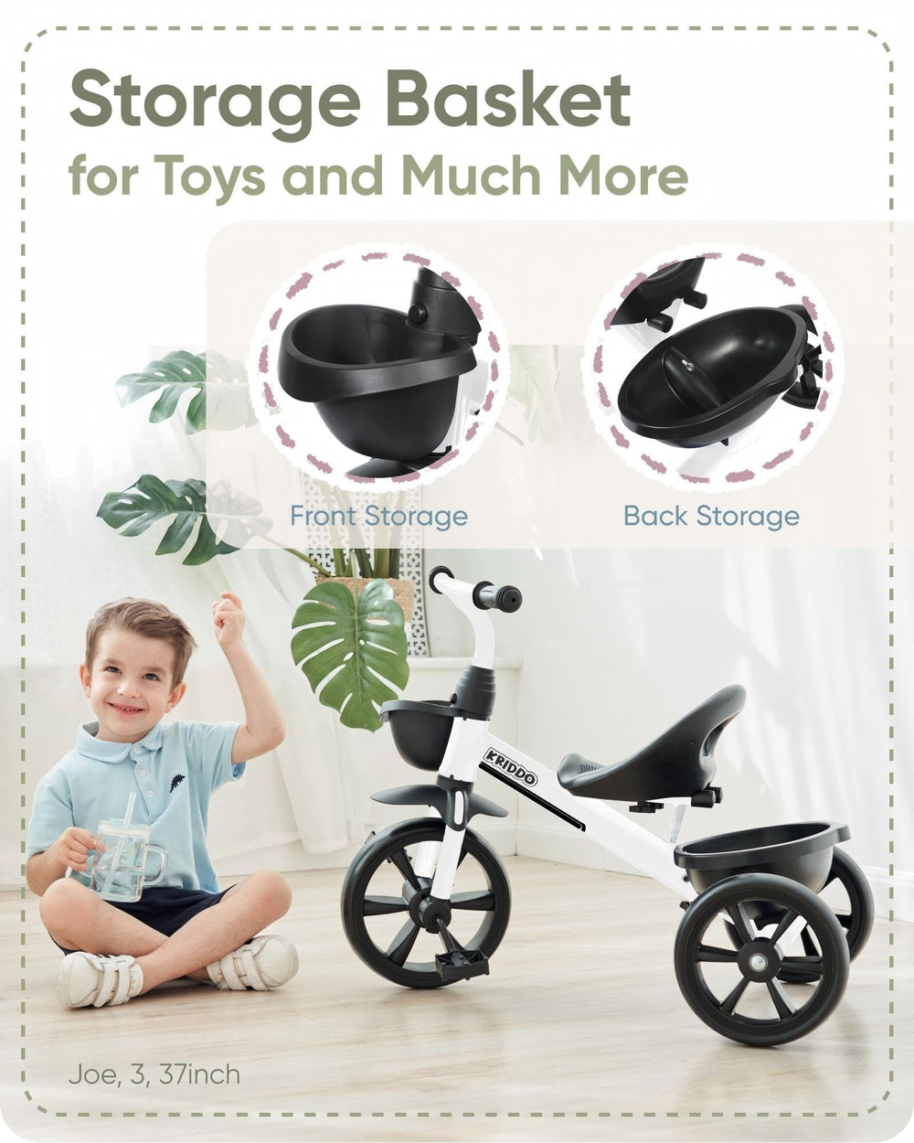 KRIDDO Kids Tricycle rear wheel detail emphasizes improved rollover prevention.