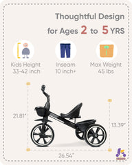 KRIDDO Kids Tricycle rear wheels detail for improved balance and stability.