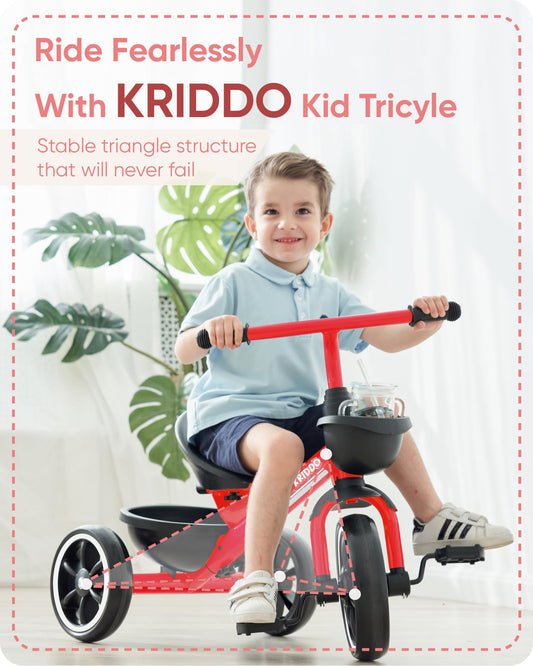KRIDDO Kids Tricycle side profile shows wide wheelbase for safer learning