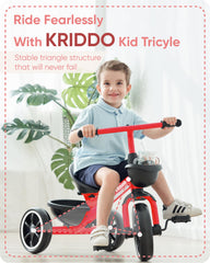 KRIDDO Kids Tricycle side profile shows wide wheelbase for safer learning