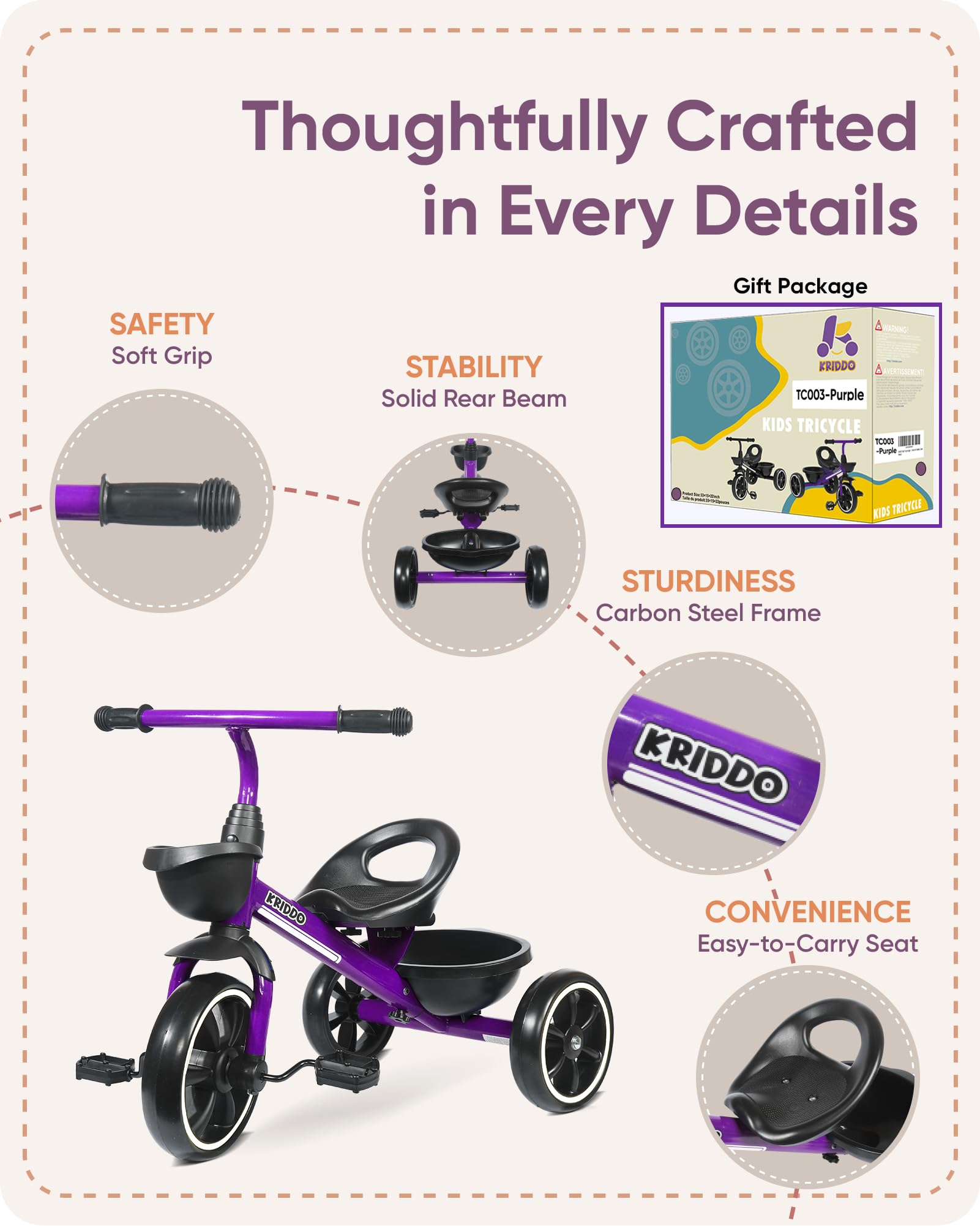 KRIDDO Kids Tricycle made with BPA-free materials and matte non-toxic paint for safety.