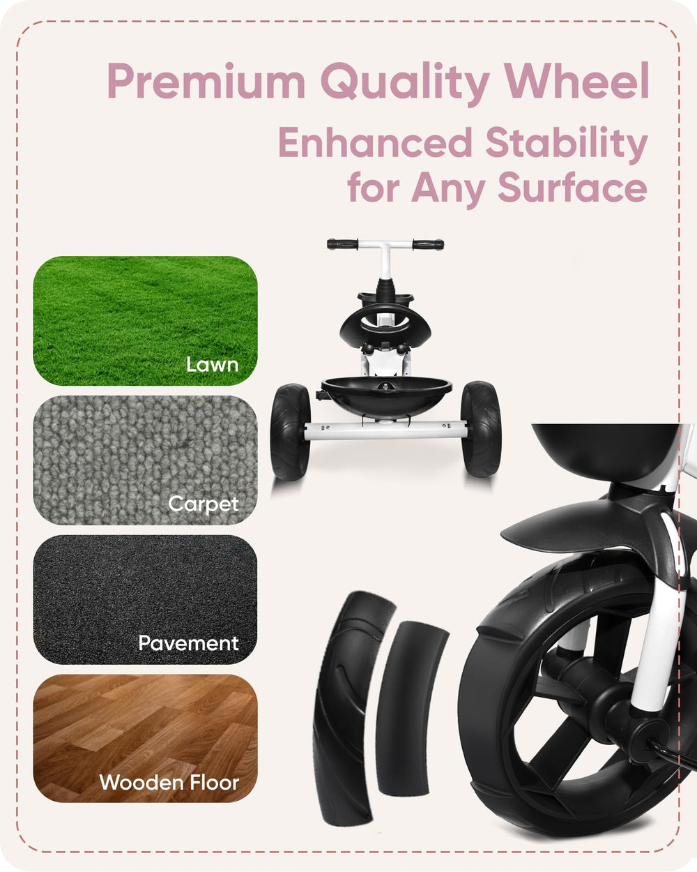 KRIDDO Kids Tricycle features easy-grip handles for secure learning sessions.