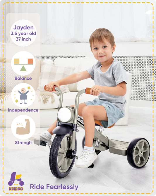 KRIDDO kids tricycle side view shows grey frame for outdoor adventures.
