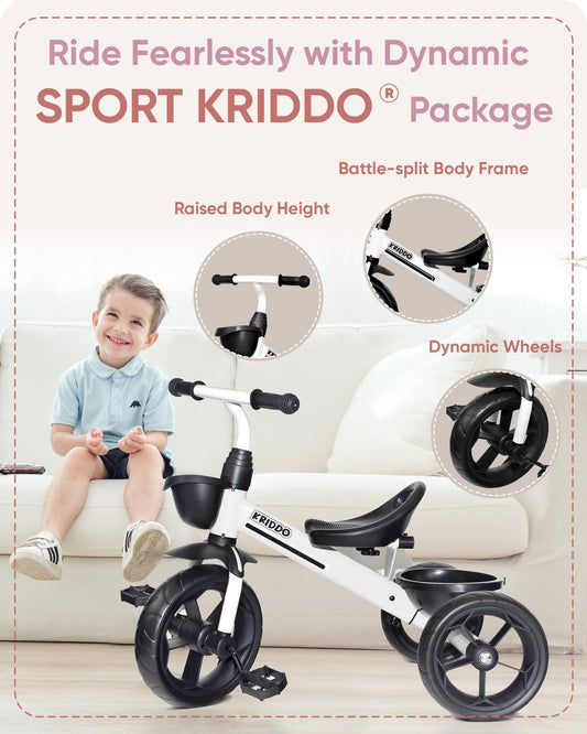 KRIDDO Kids Tricycle side view emphasizes wide wheelbase for balance and smoother steering.