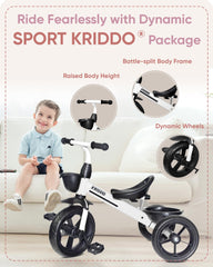 KRIDDO Kids Tricycle side view emphasizes wide wheelbase for balance and smoother steering.