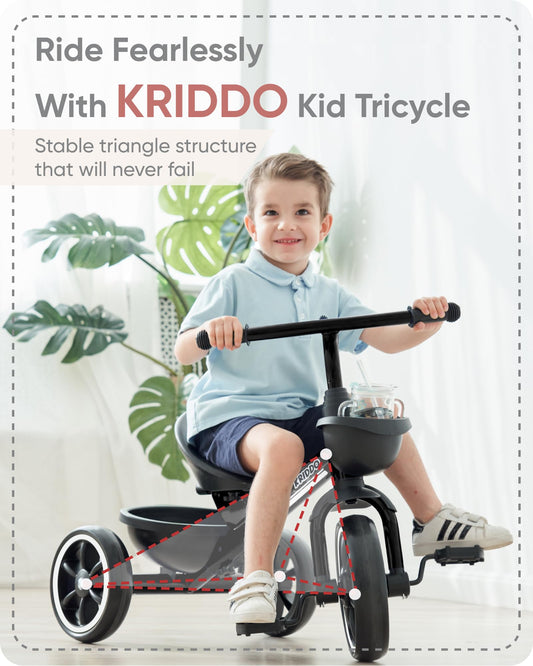 KRIDDO Kids Tricycle side view illustrating easy handling for toddlers learning steering.