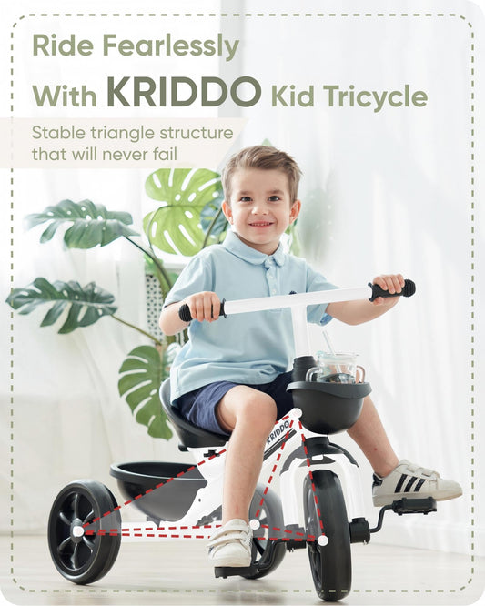 KRIDDO Kids Tricycle side view highlights balanced wheelbase for learning.