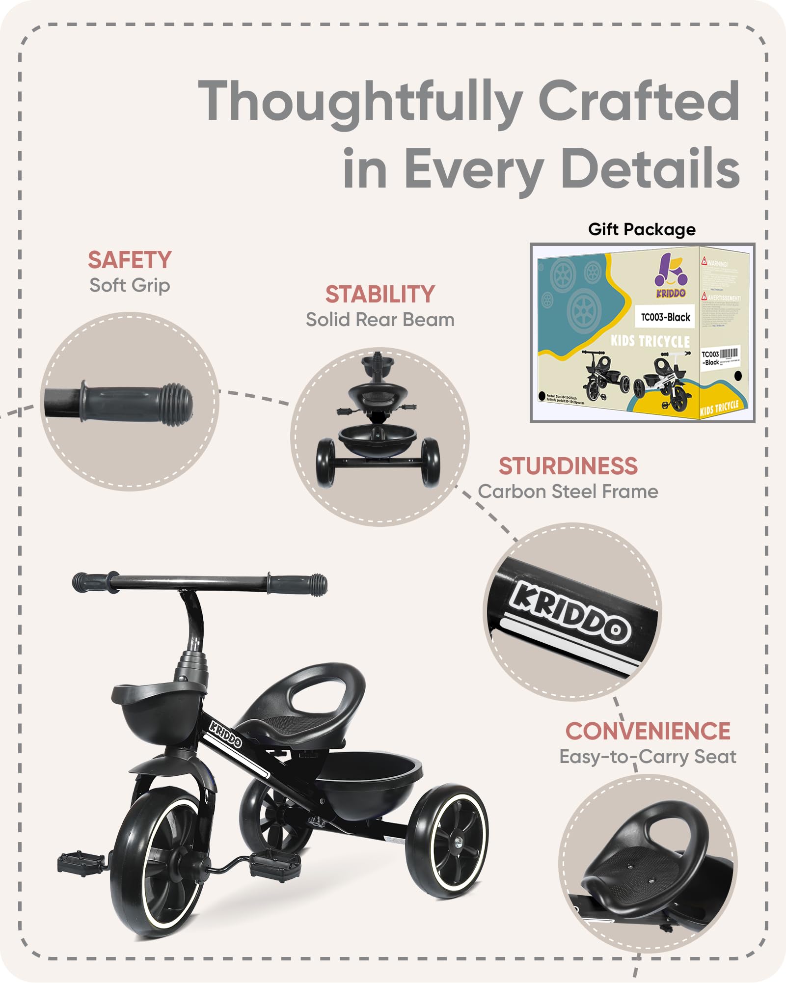 KRIDDO Kids Tricycle silent wheels for indoor use without floor damage.