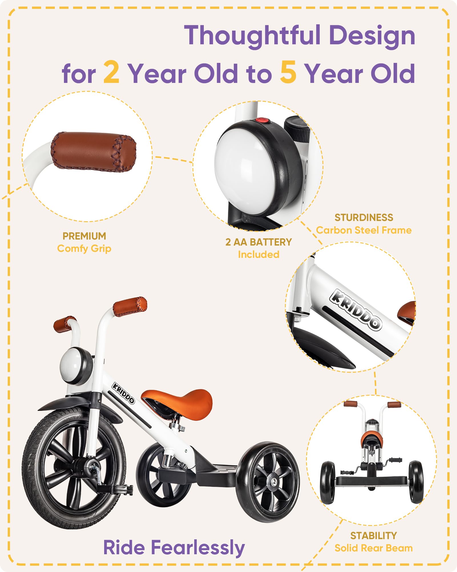 KRIDDO extended rear wheels and wider wheelbase reduce tipping.