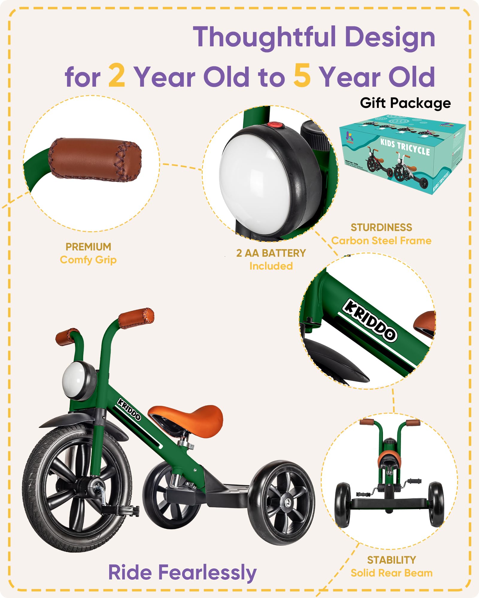KRIDDO kids tricycle wide wheelbase increases stability during learning.
