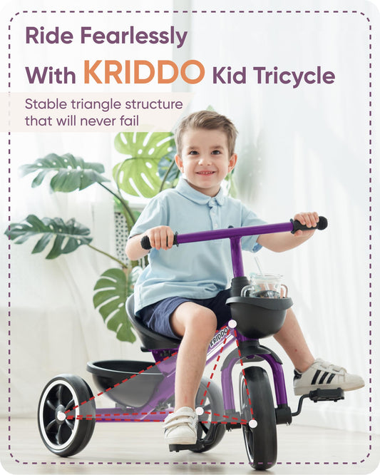 KRIDDO Kids Tricycle with wider rear wheelbase to help prevent tipping while learning.