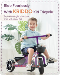 KRIDDO Kids Tricycle with wider rear wheelbase to help prevent tipping while learning.