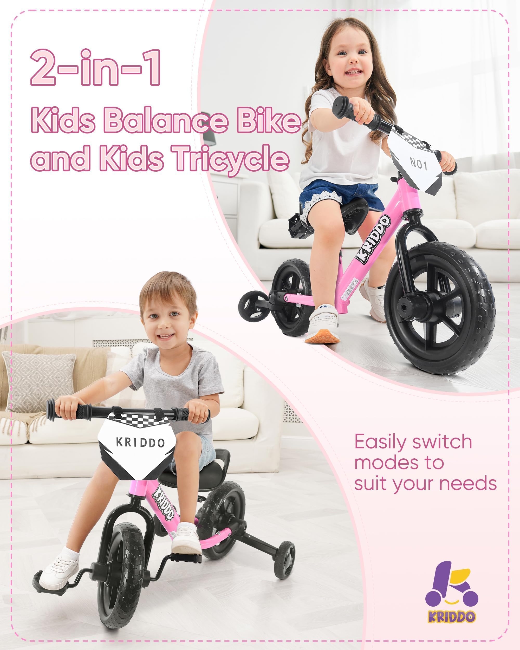KRIDDO pedal storage under seat keeps pedals secure during switch to balance mode.