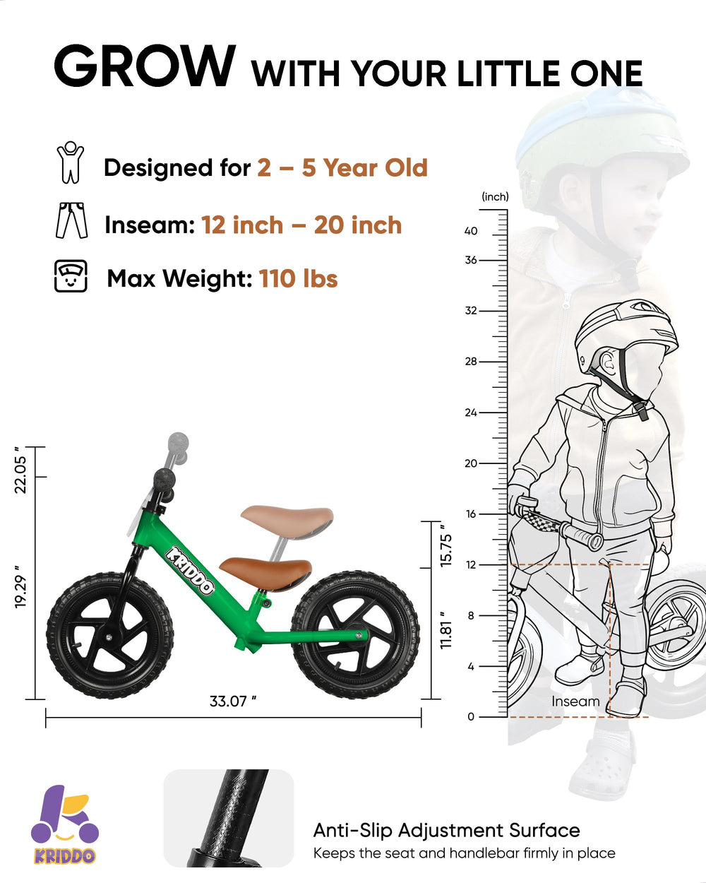 Soft grip handlebars provide comfortable steering on the KRIDDO bike.