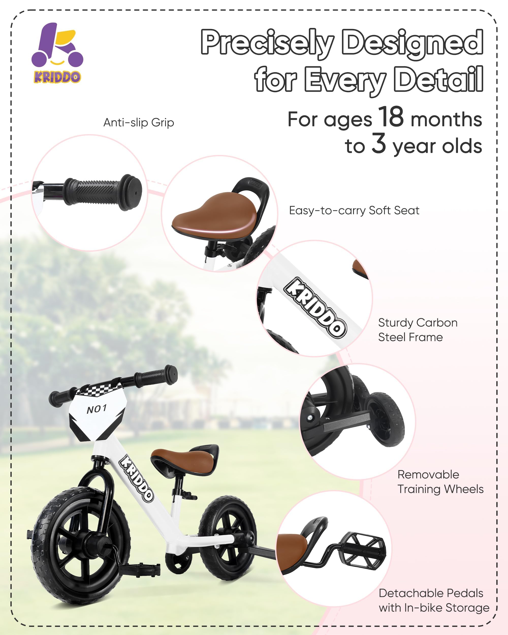 KRIDDO soft seat provides comfortable seating during rides.
