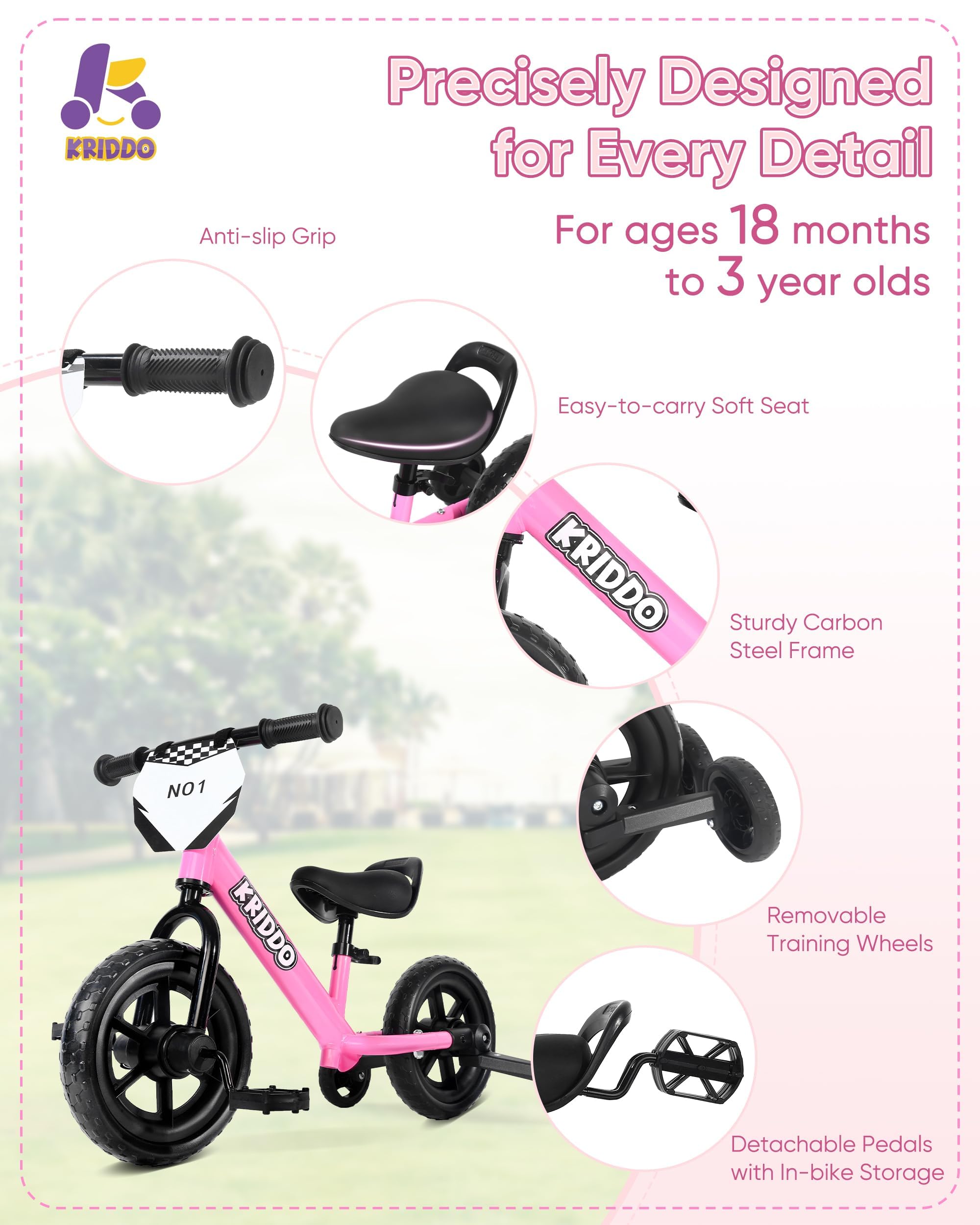 KRIDDO soft seat and quick-release fittings encourage a comfortable ride.