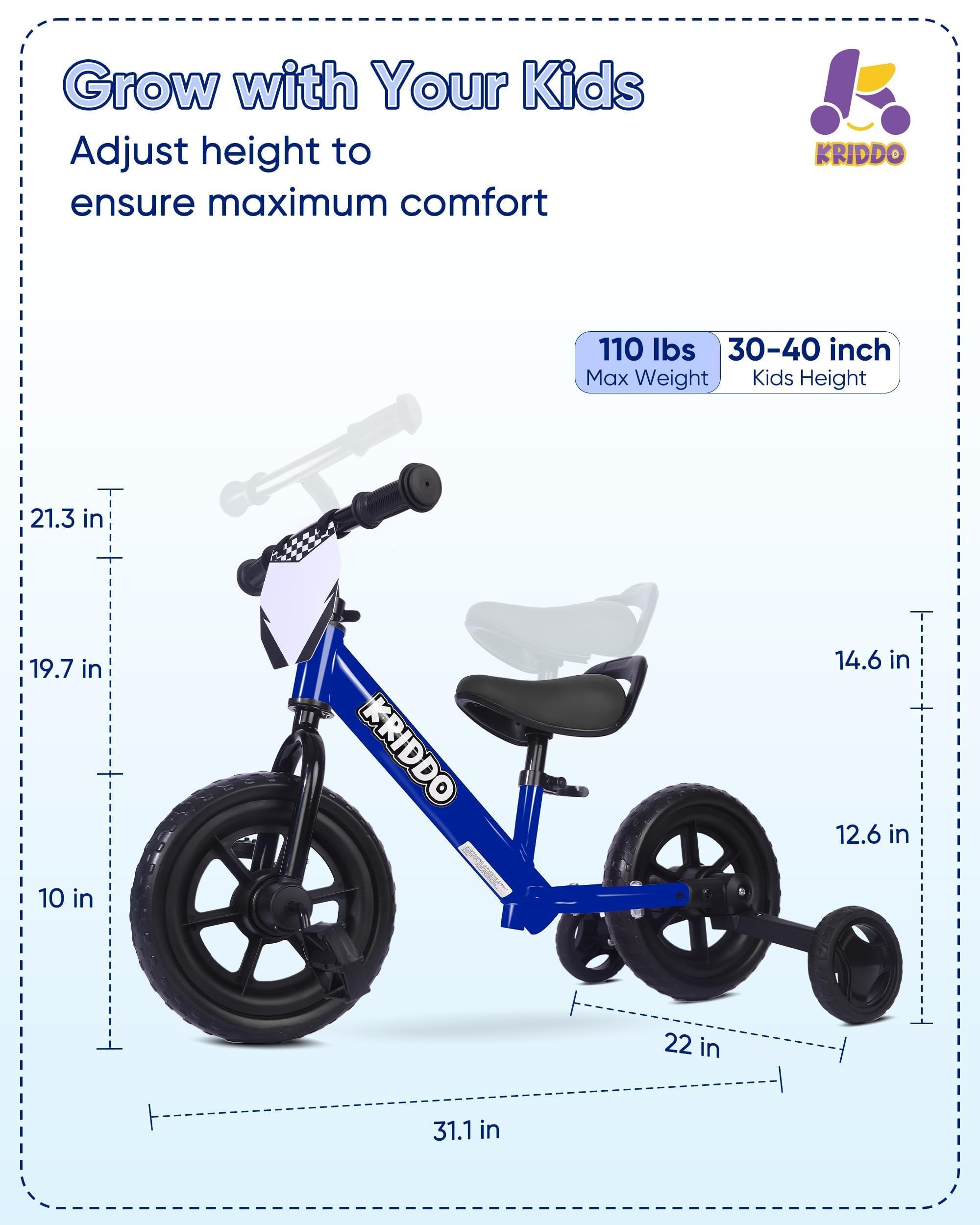 KRIDDO soft seat and tool-free adjustments for comfy height.