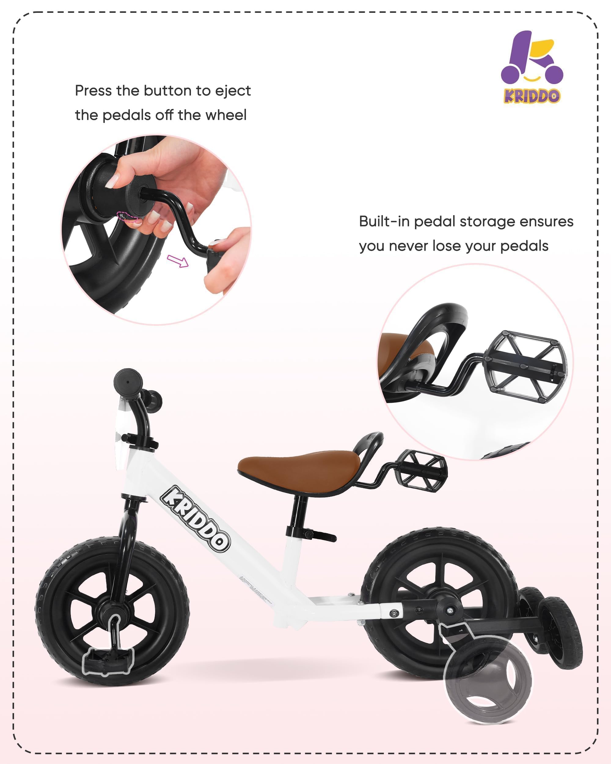 KRIDDO stowable training wheels folded away for easier transitions to balance mode.