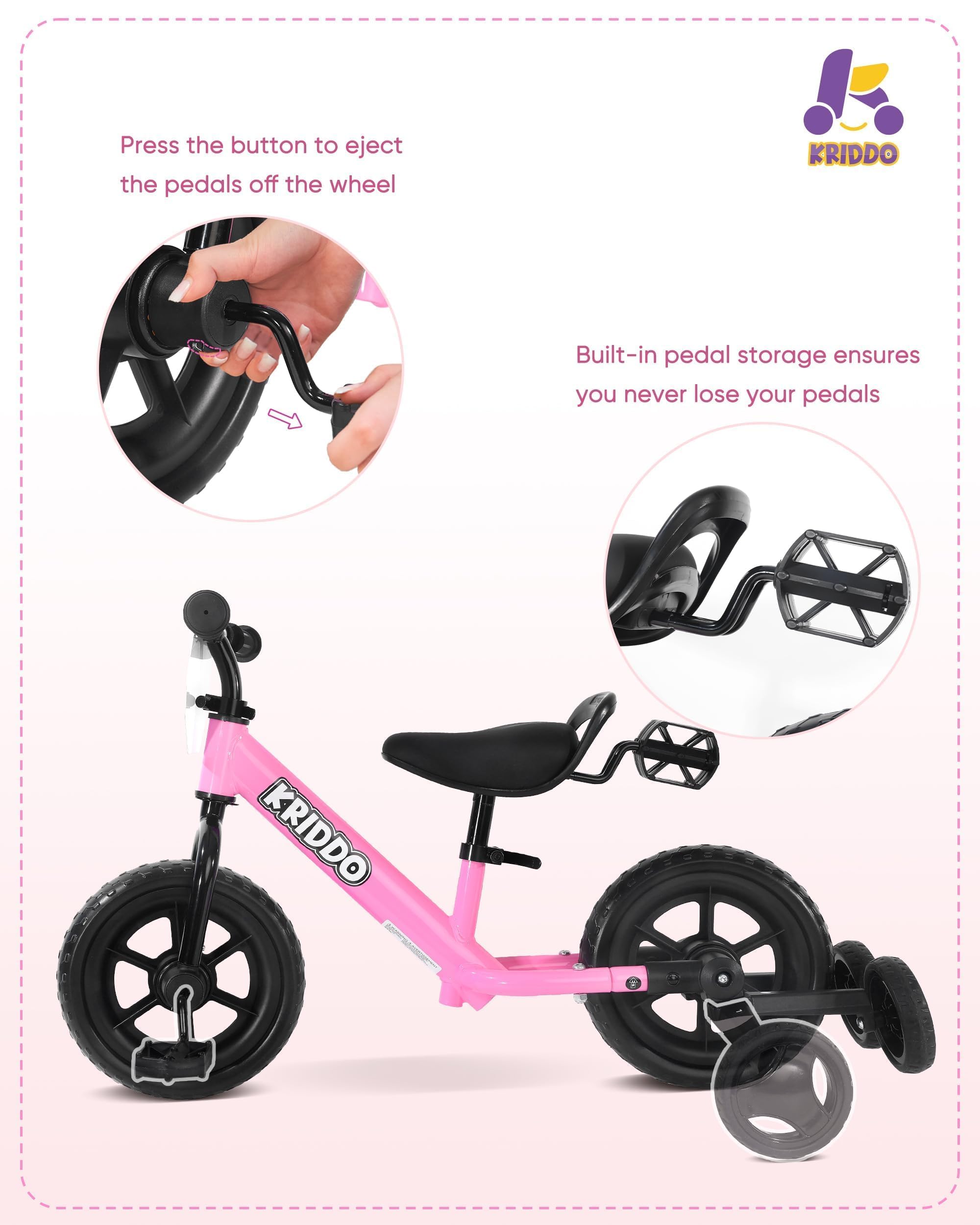 KRIDDO stowable training wheels provide easy confidence-building and quick removal when ready.