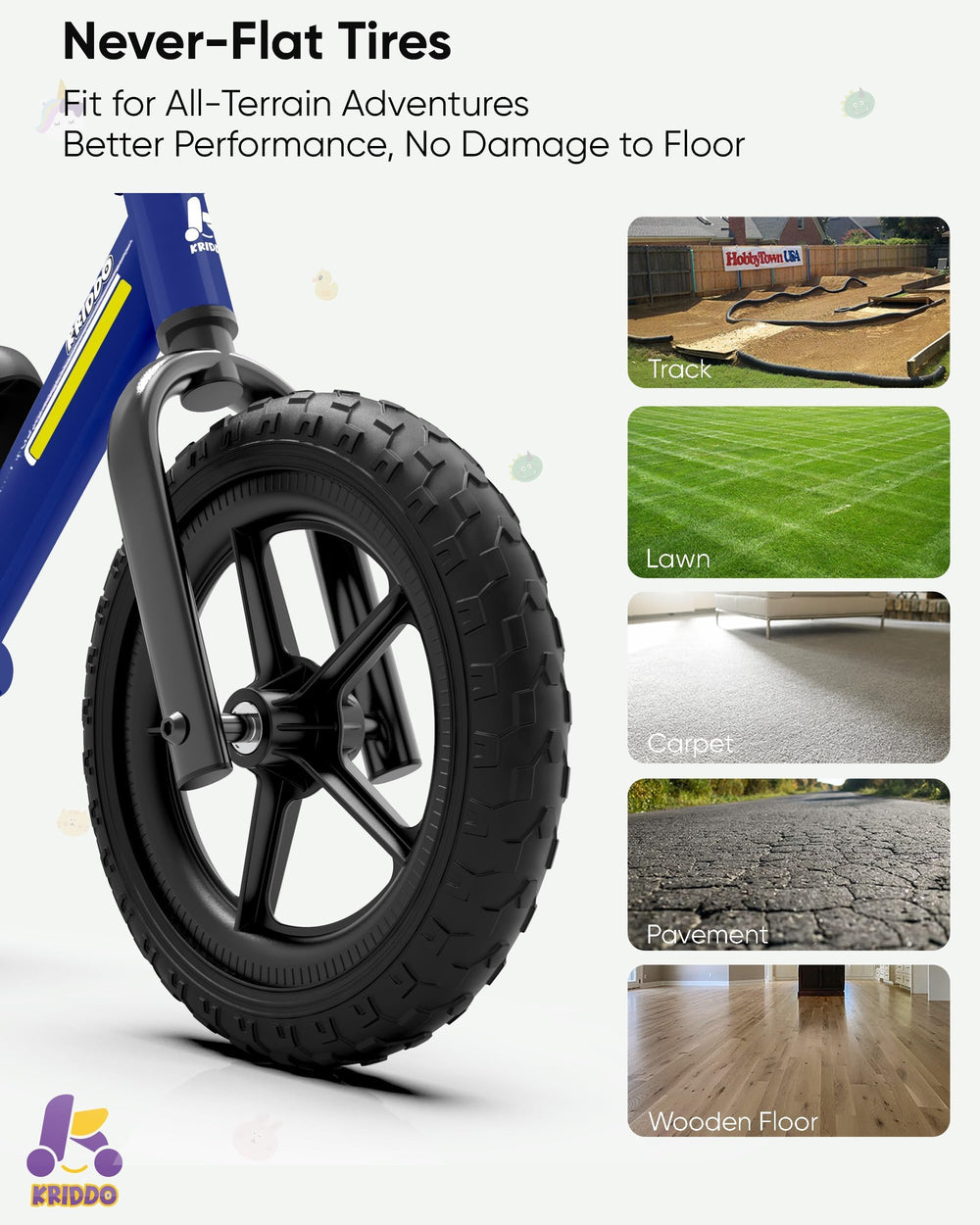 KRIDDO 12-inch all-terrain tires tackle tracks, grass, and indoor floors