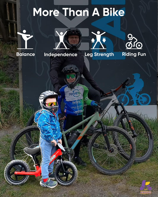 KRIDDO 12-inch toddler balance bike side view showing adjustable height for growing kids.