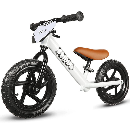 KRIDDO toddler balance bike front view showing sturdy frame for young riders outdoors.