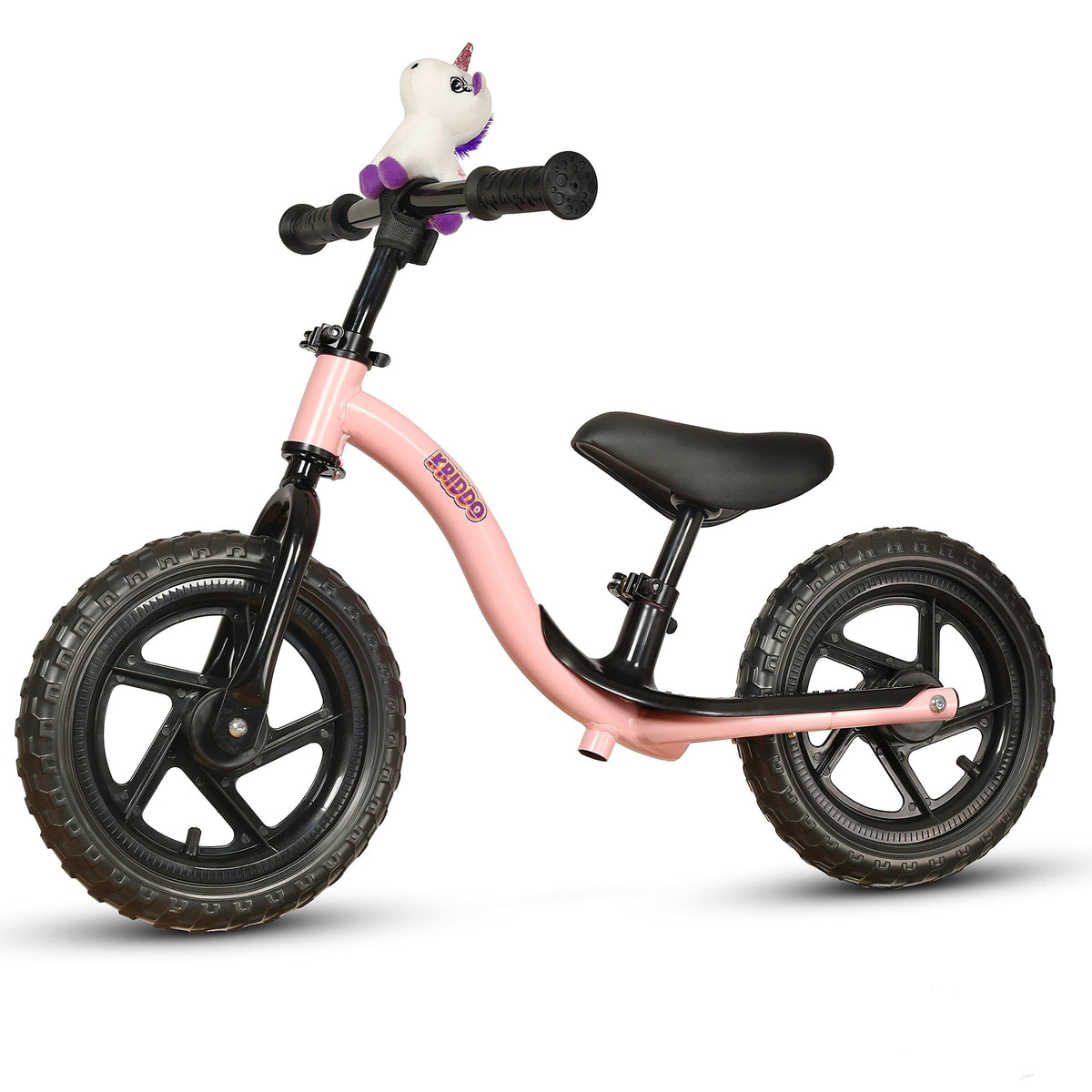 KRIDDO pink front view toddler balance bike emphasizing stability