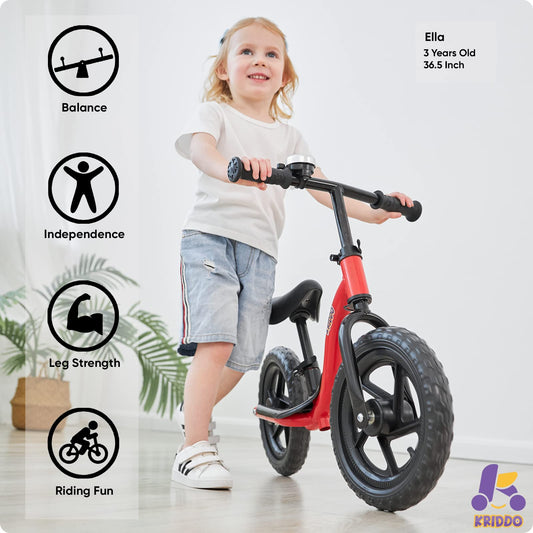 KRIDDO balance bike red side view illustrates push and glide for balance development