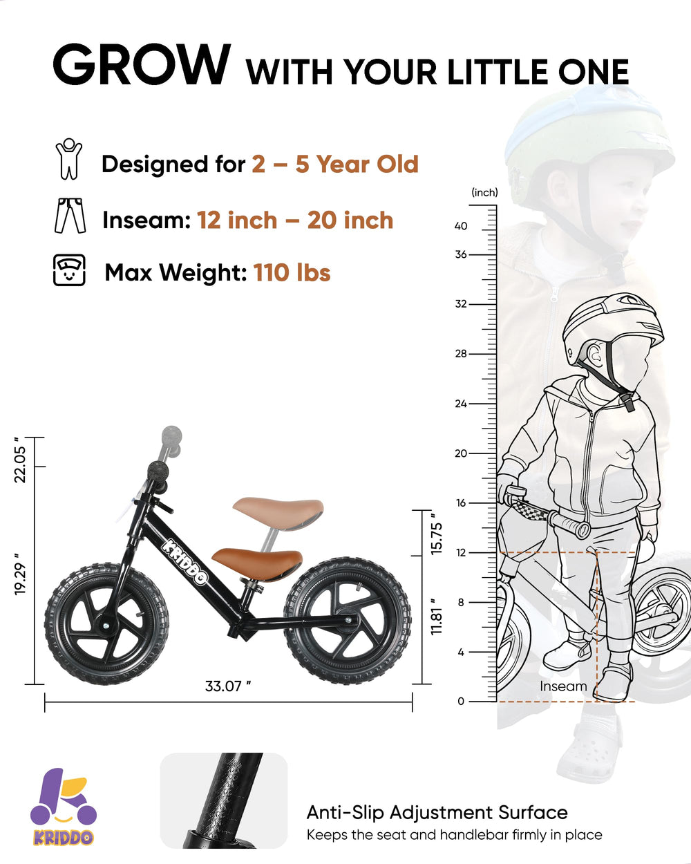KRIDDO balance bike seat in soft PU for a gentle ride.