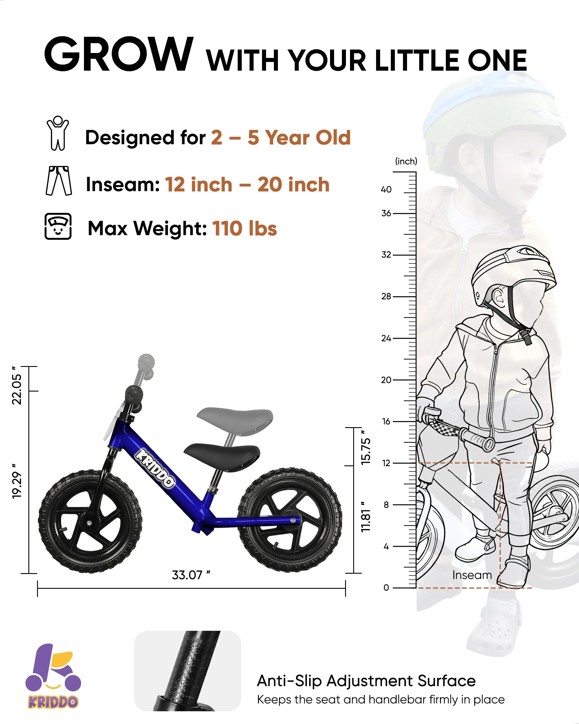 KRIDDO bike with soft grip handlebars for comfortable riding sessions.