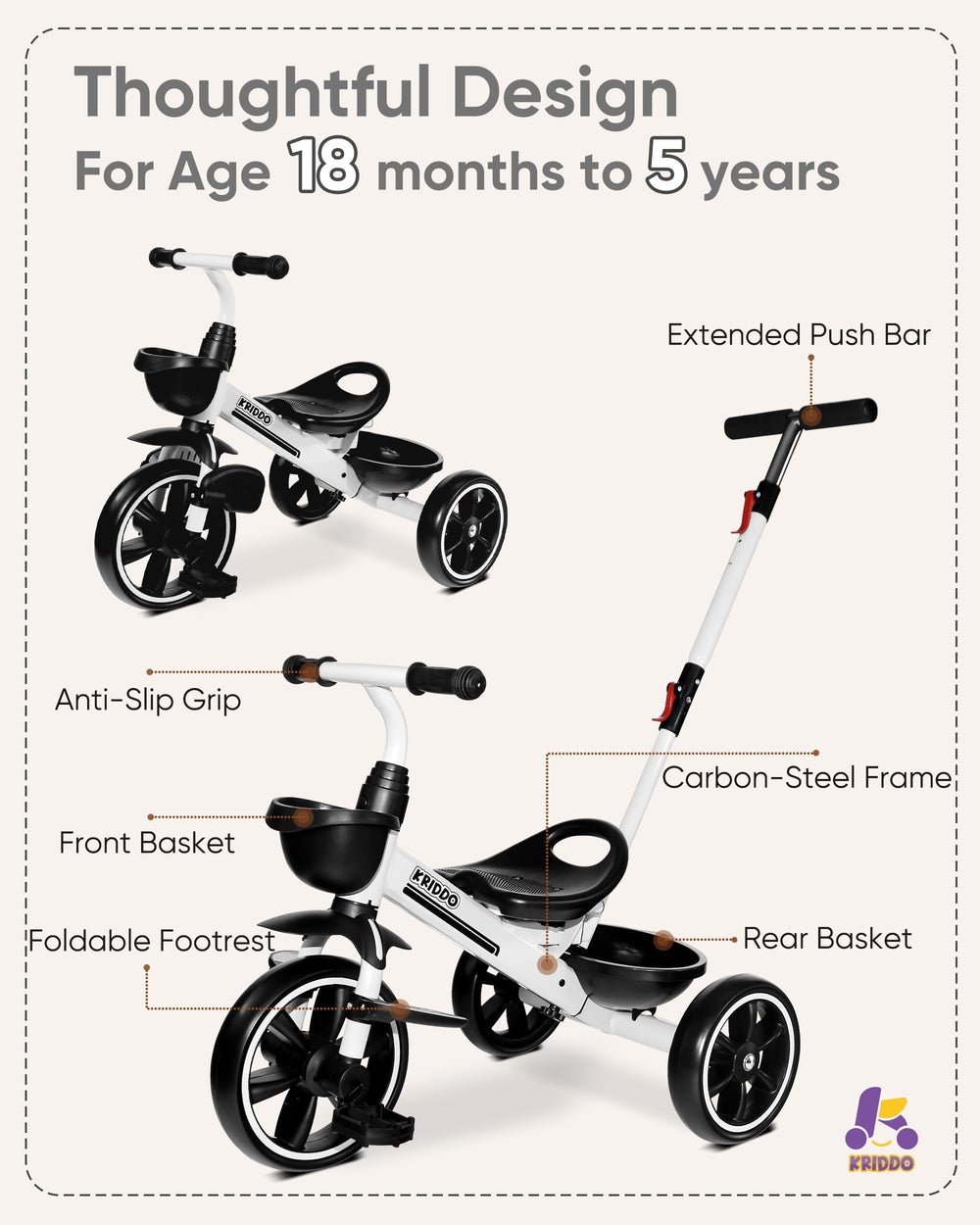 KRIDDO comfortable seat and grips aid early riding confidence.