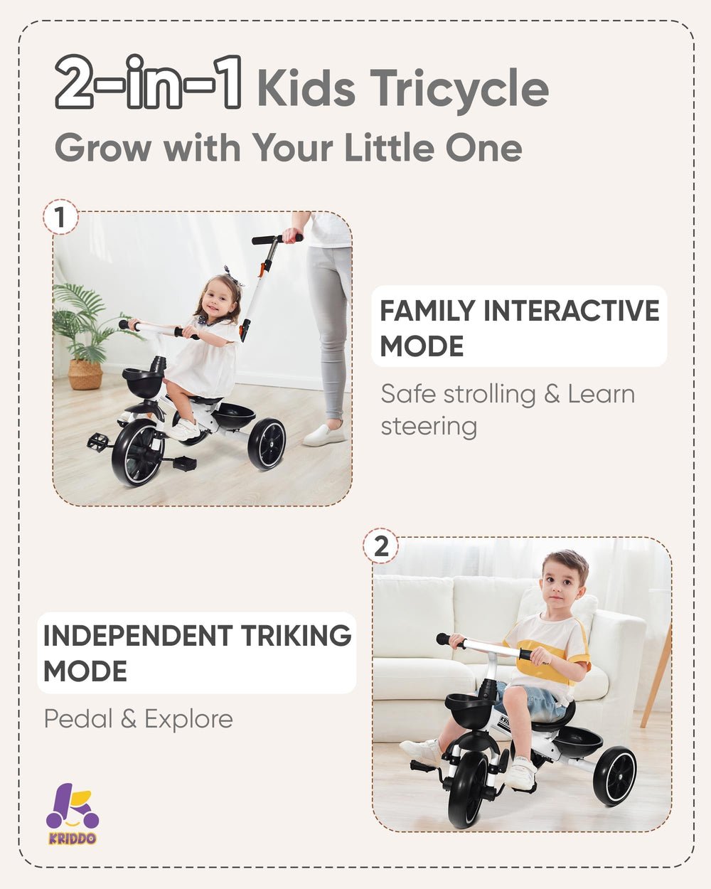 KRIDDO toddler tricycle with extended push handle for comfortable pushing.