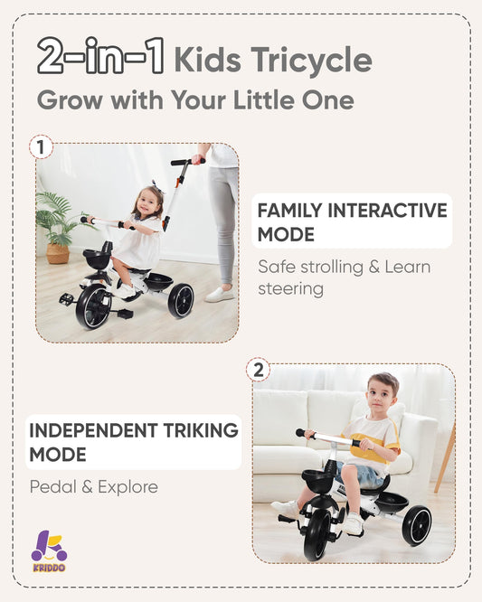 KRIDDO toddler tricycle with extended push handle for comfortable pushing.