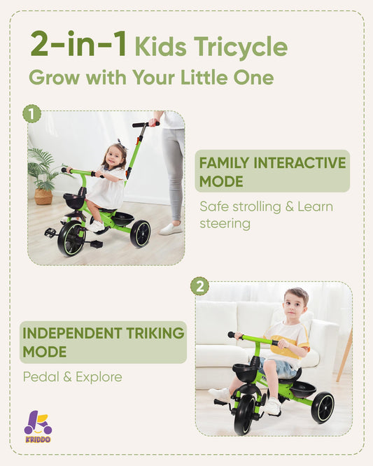KRIDDO tricycle with foldable front footrest for growing riders
