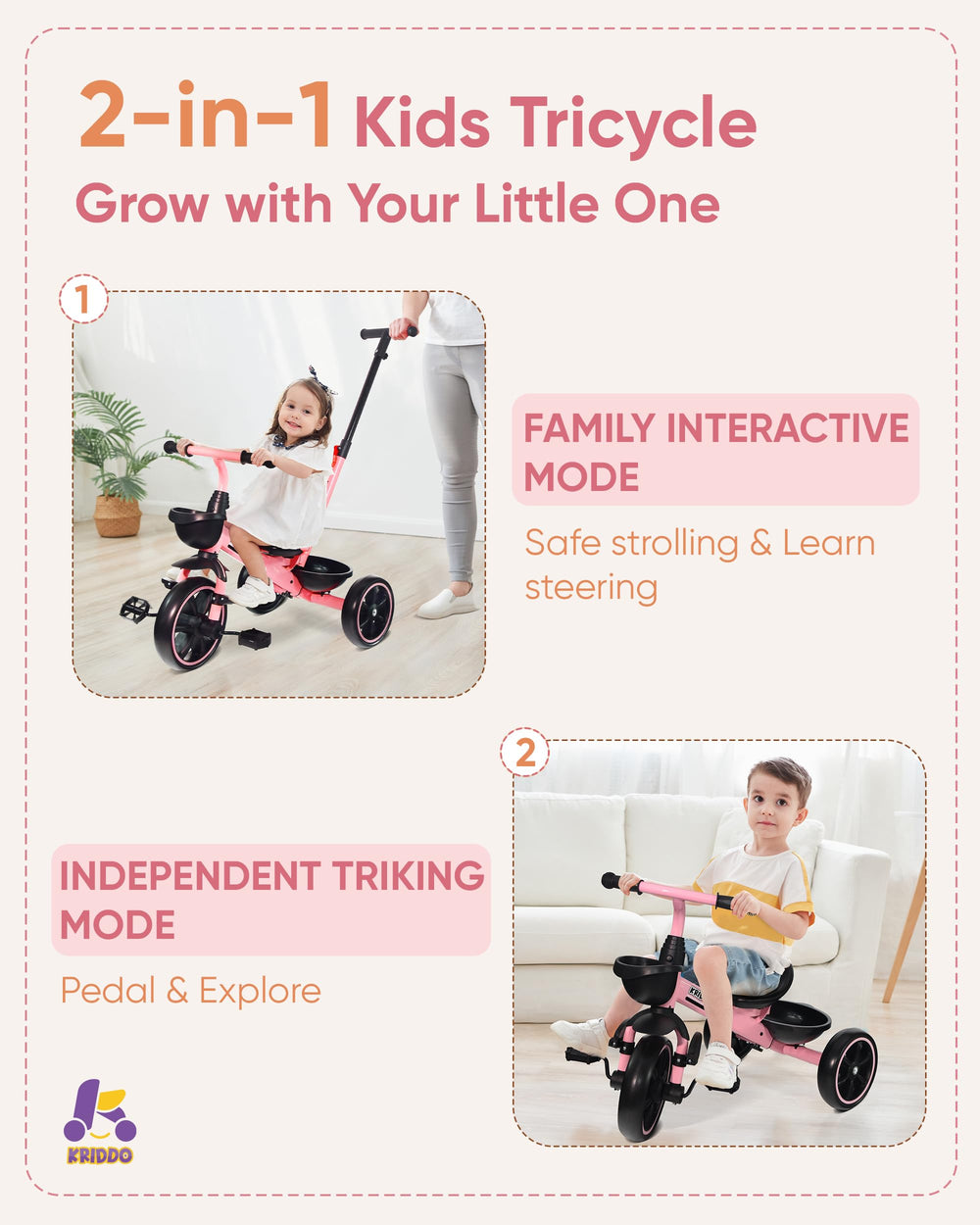KRIDDO tricycle with foldable front footrest supporting growing toddlers