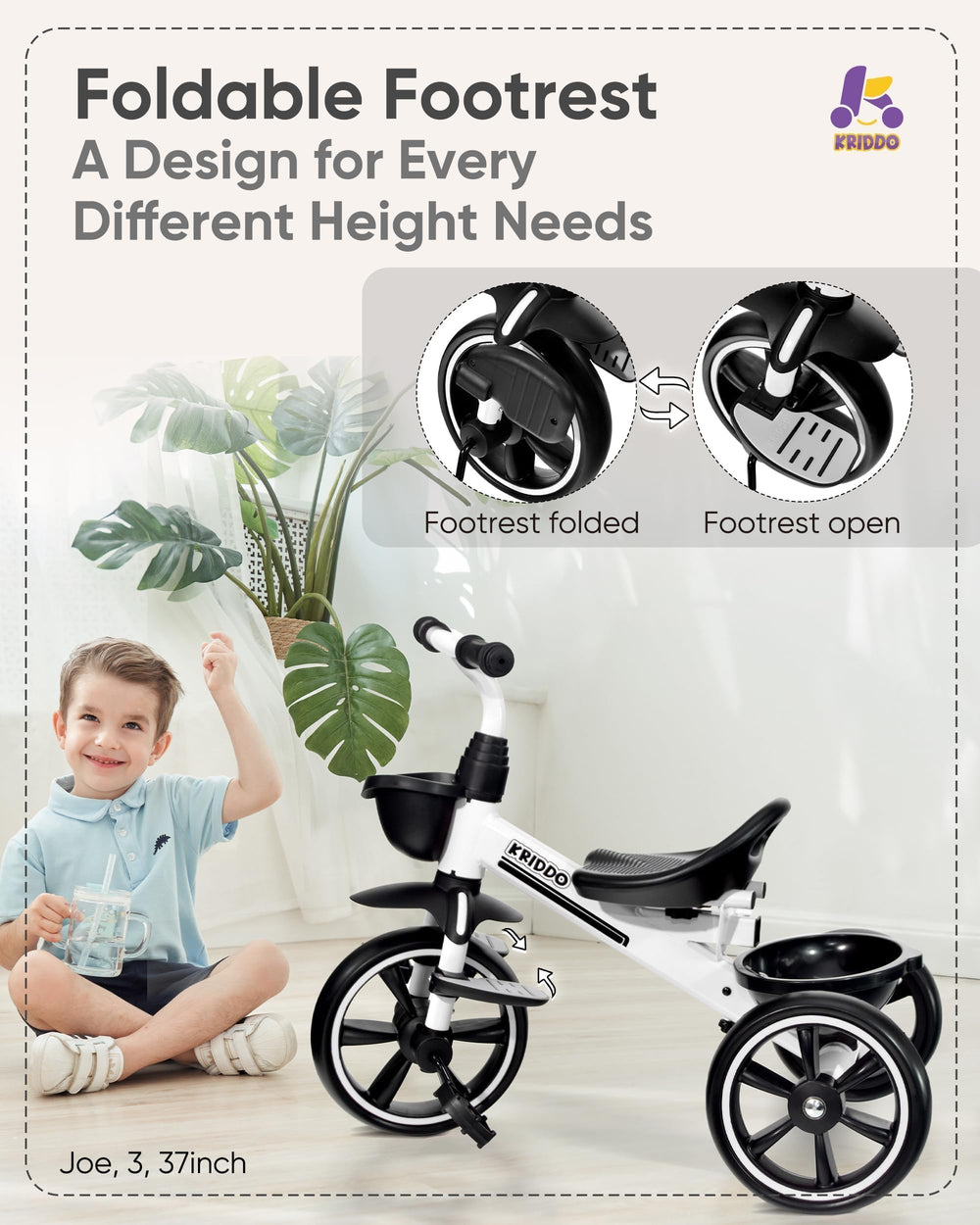 KRIDDO footrest foldable feature supports resting feet during rides.