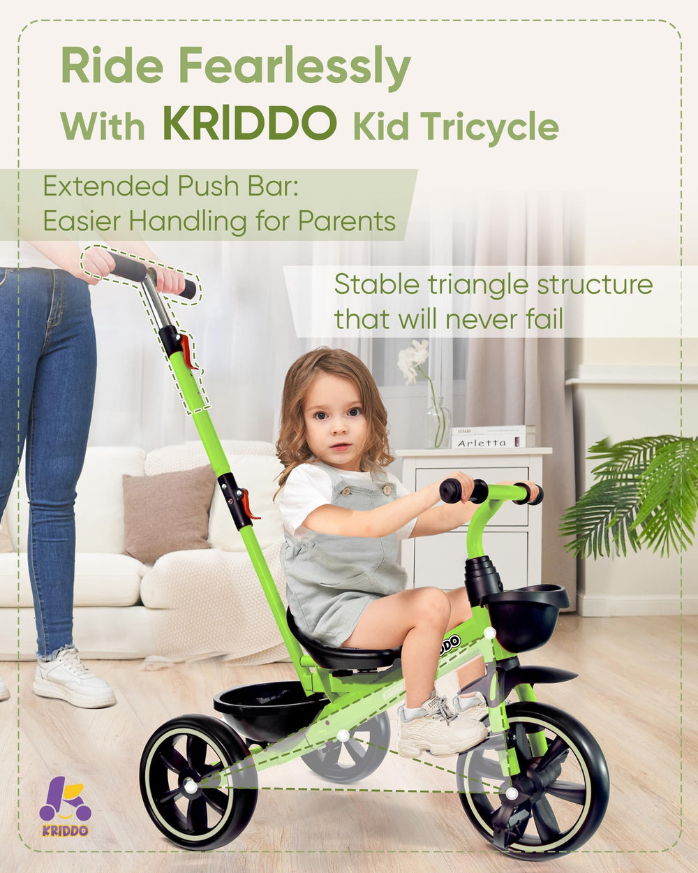 KRIDDO tricycle with silent wheels suitable for indoor and outdoor play