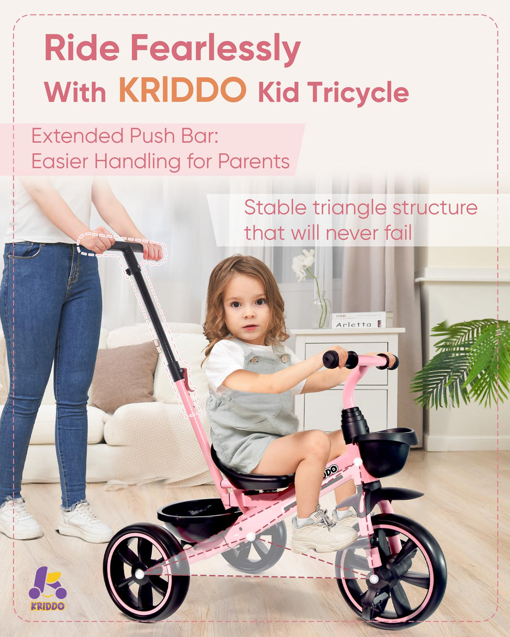 KRIDDO toddler tricycle with silent shock-absorption wheels for smooth floors