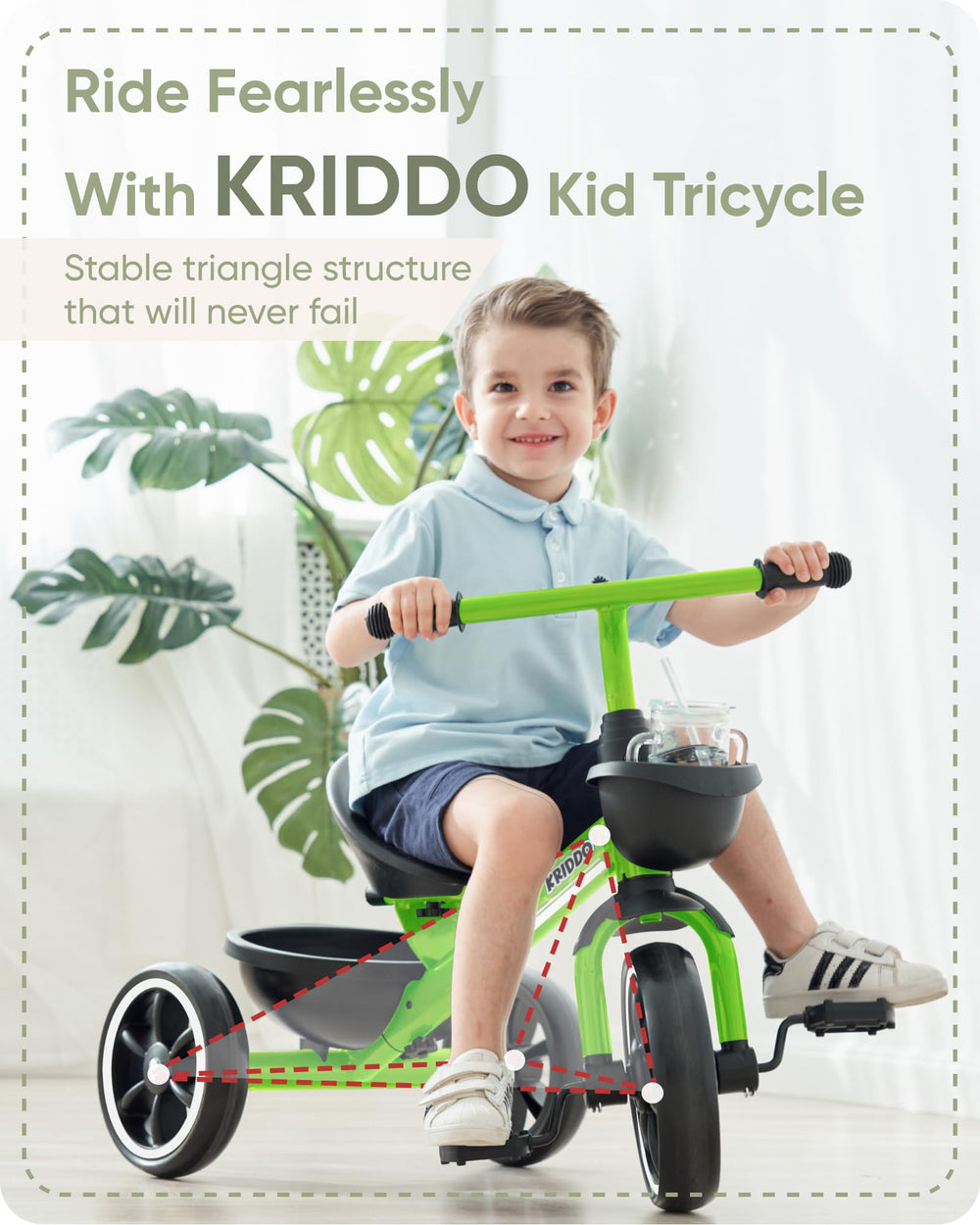 KRIDDO tricycle with extended rear wheels for extra stability while learning.