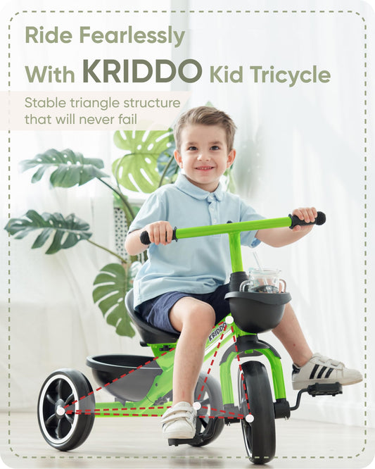 KRIDDO tricycle with extended rear wheels for extra stability while learning.