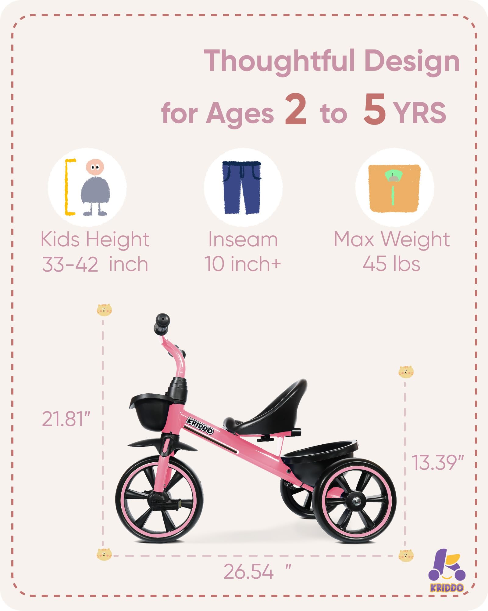 KRIDDO tricycle extended rear wheels—improved balance to help prevent tipping.