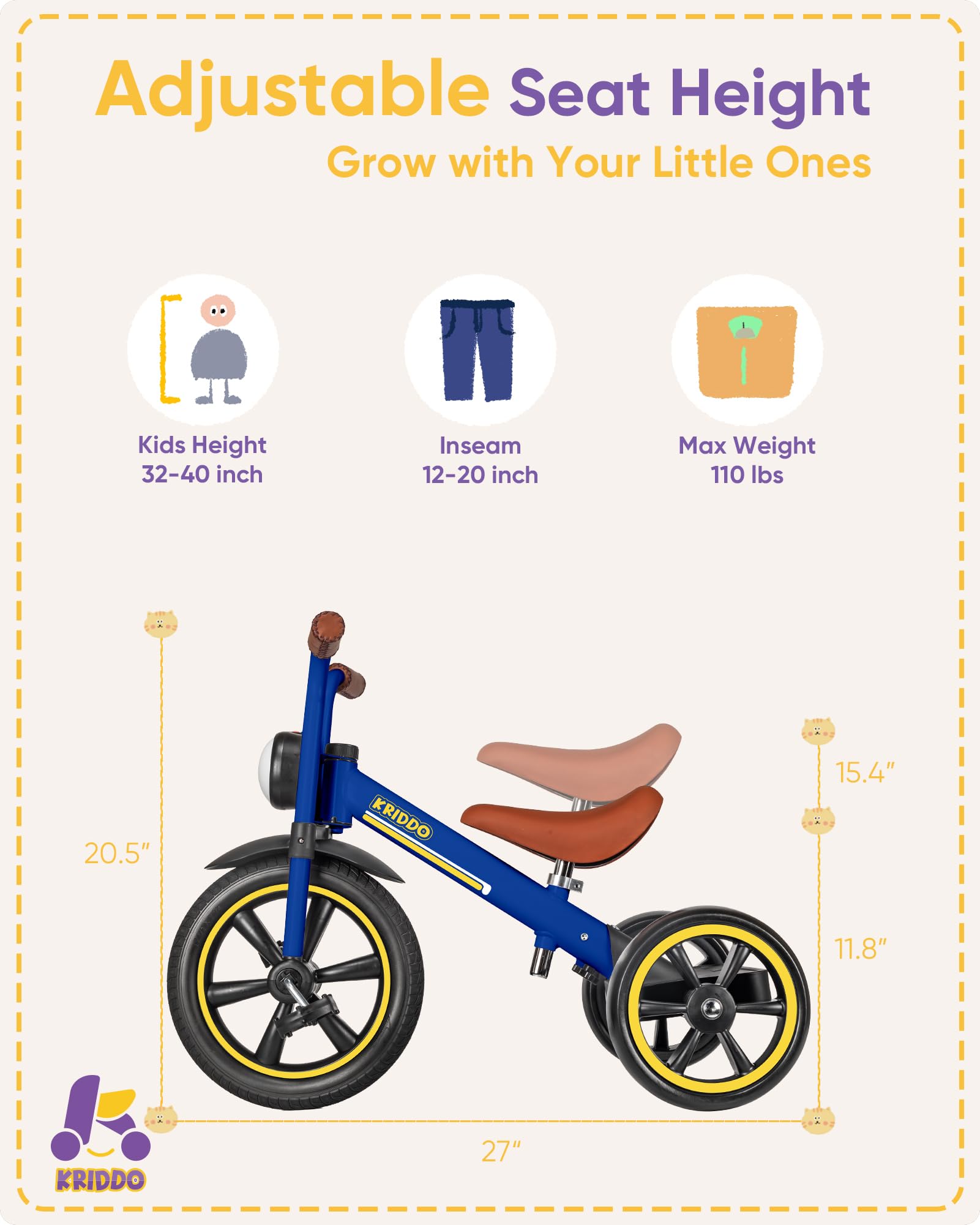 KRIDDO tricycle designed for indoor and outdoor use with quiet wheels.