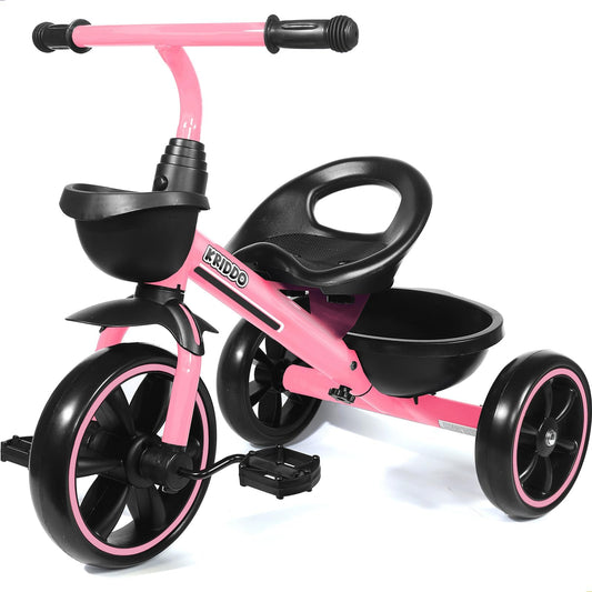KRIDDO tricycle pink front view—kid-friendly design supports early steering practice.