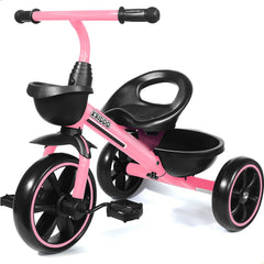 KRIDDO tricycle pink front view—kid-friendly design supports early steering practice.