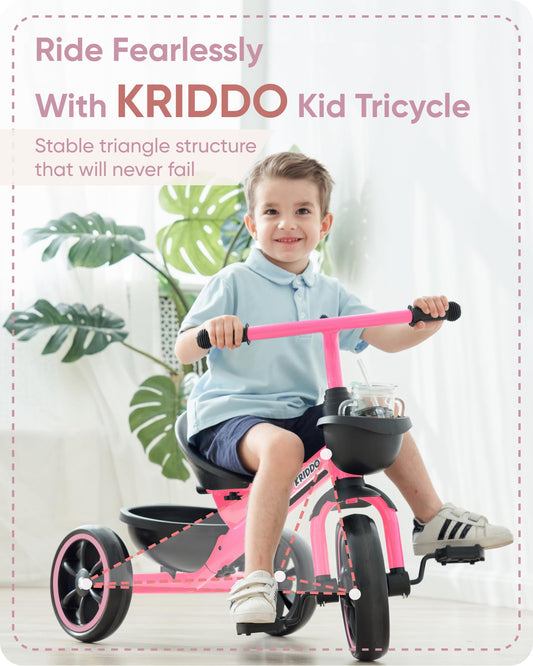 KRIDDO tricycle pink side view—ergonomic handlebar and comfortable seating for young riders.