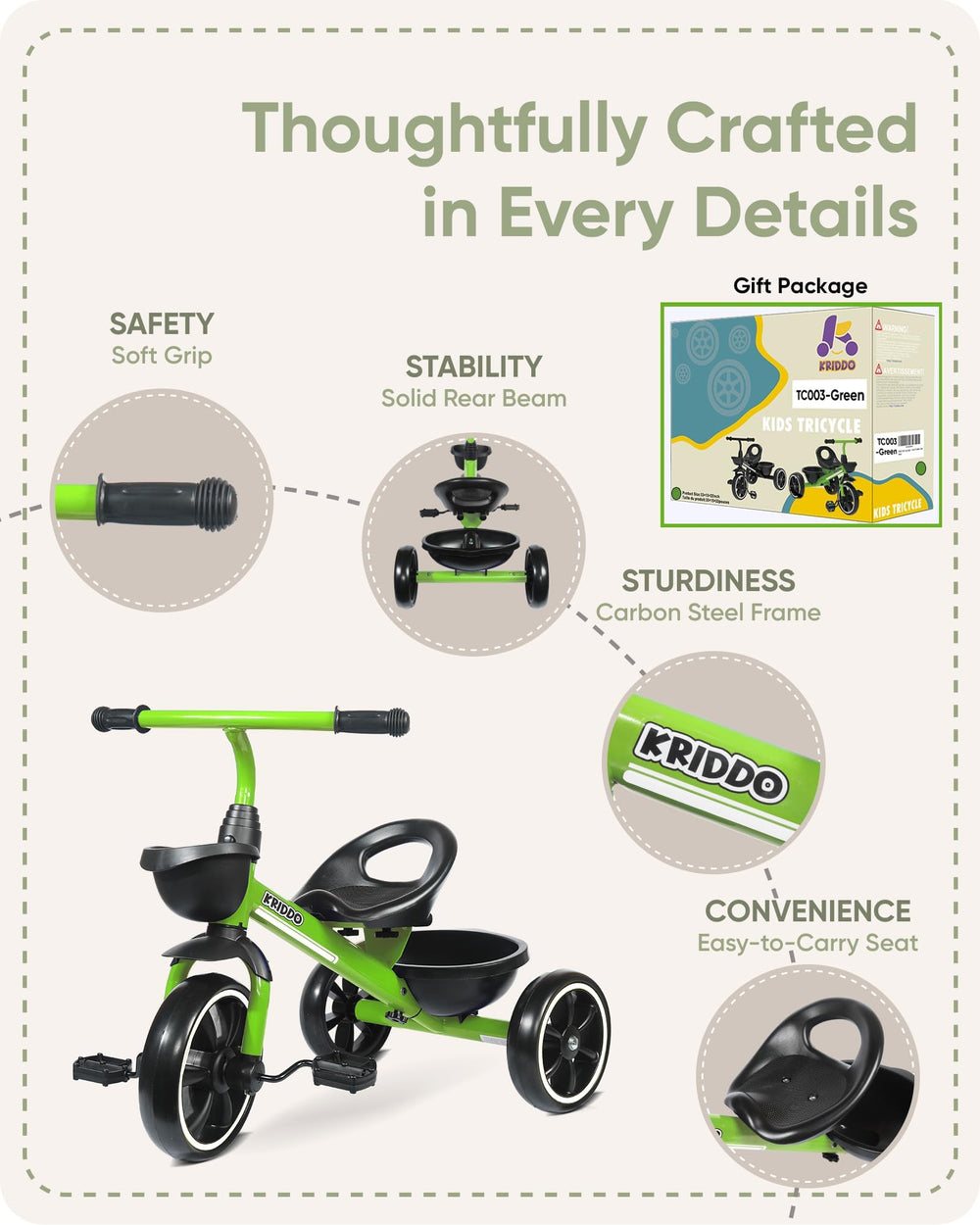 KRIDDO silent wheels deliver smooth rides with minimal noise.