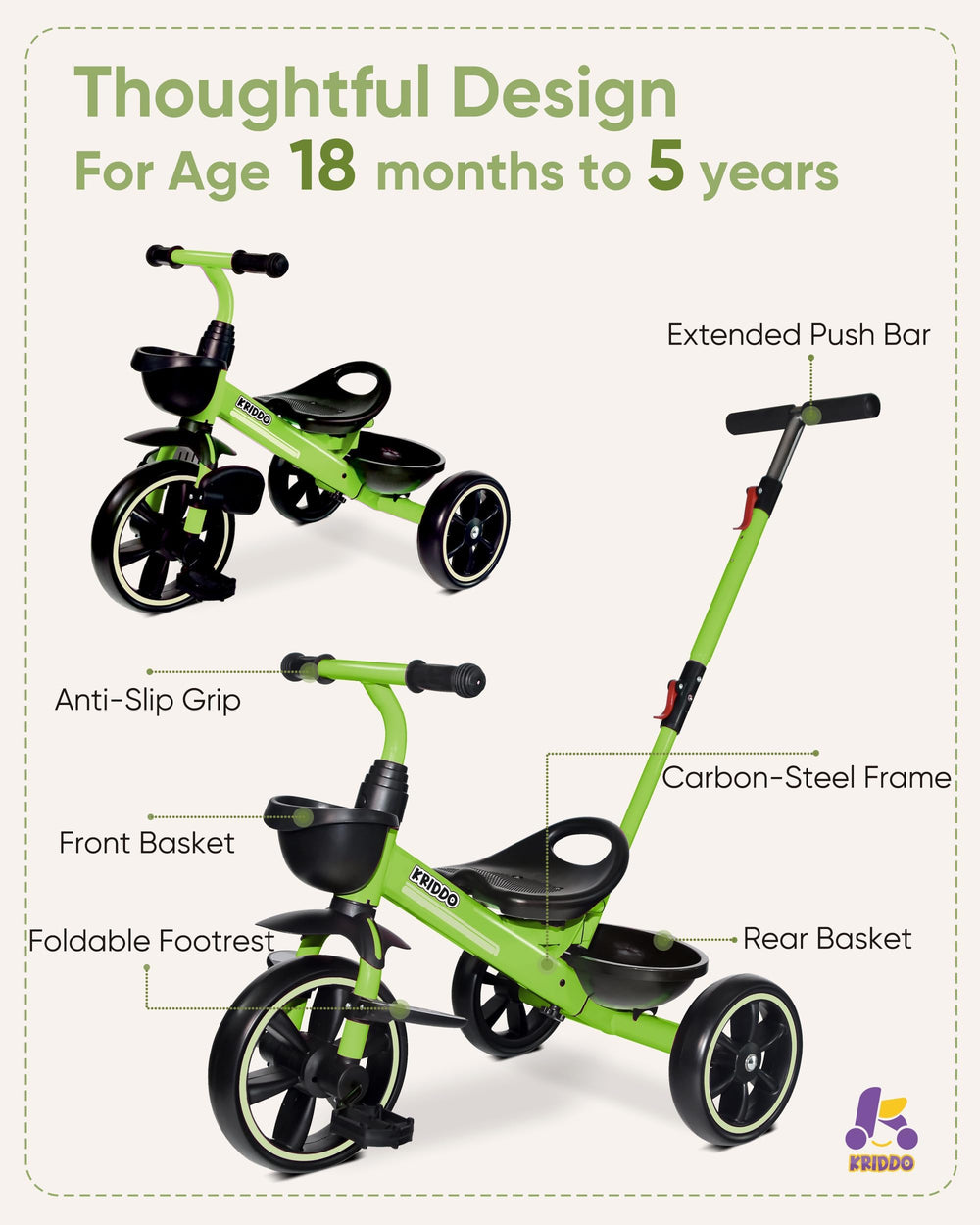 KRIDDO 2-in-1 tricycle supports kids aged 18 months to 5 years in green