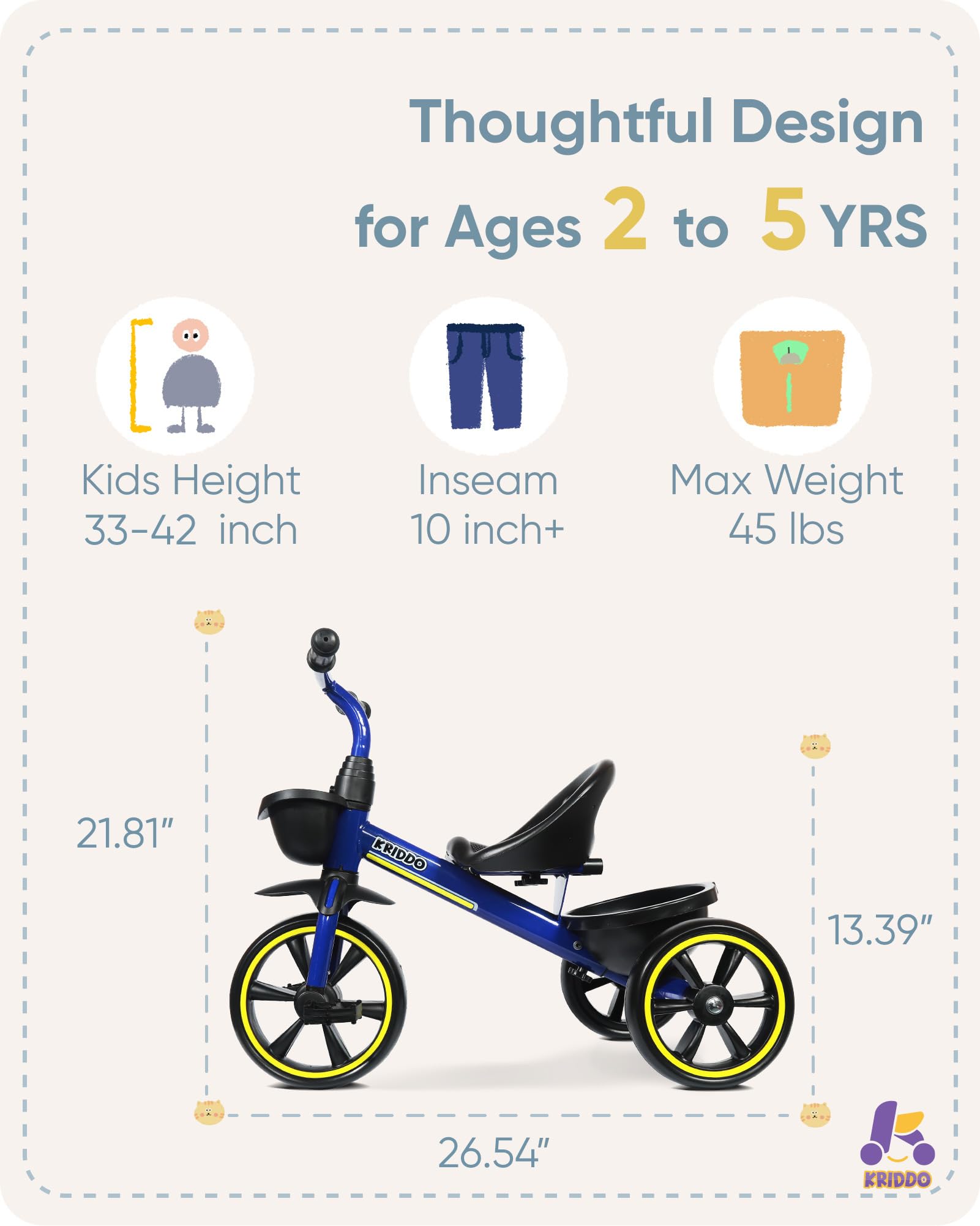 KRIDDO Trike triangle design with extended rear wheels for learning balance
