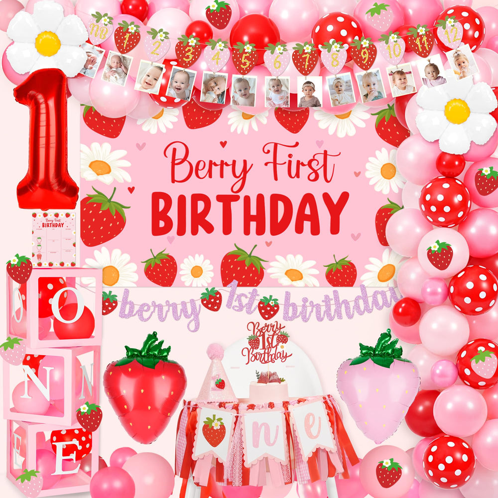 Kriyokiaa Berry First Birthday arch decor creates a vibrant party centerpiece.